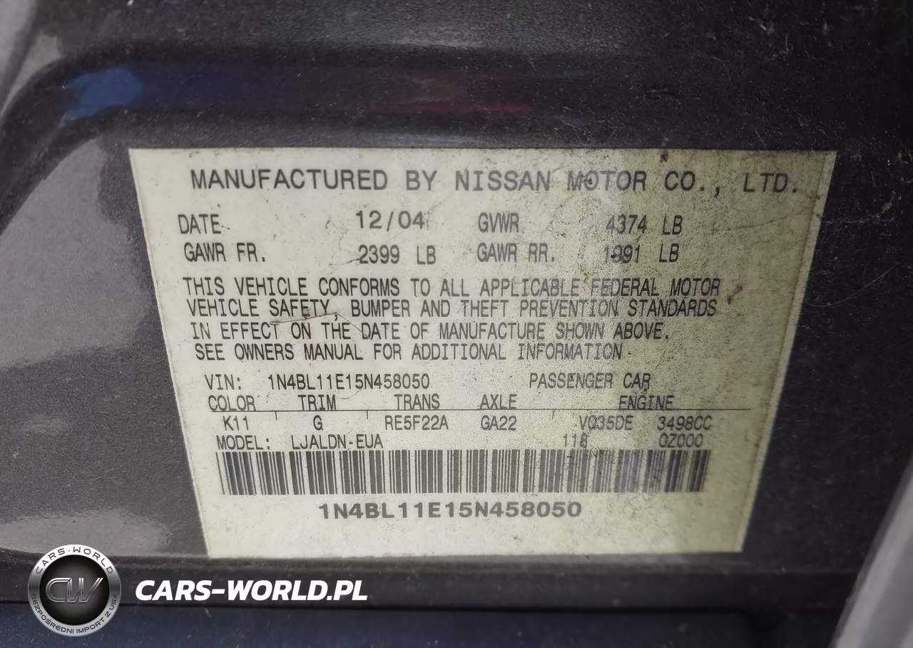 2005 Nissan Altima 3.5 Sl VIN:1N4BL11E15N458050 - 9