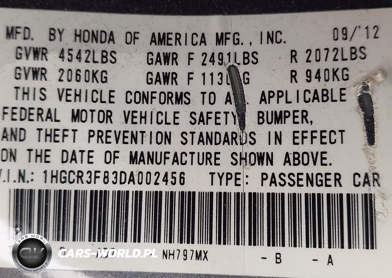 2013 Honda Accord Ex-L V-6 VIN:1HGCR3F83DA002456 - 9