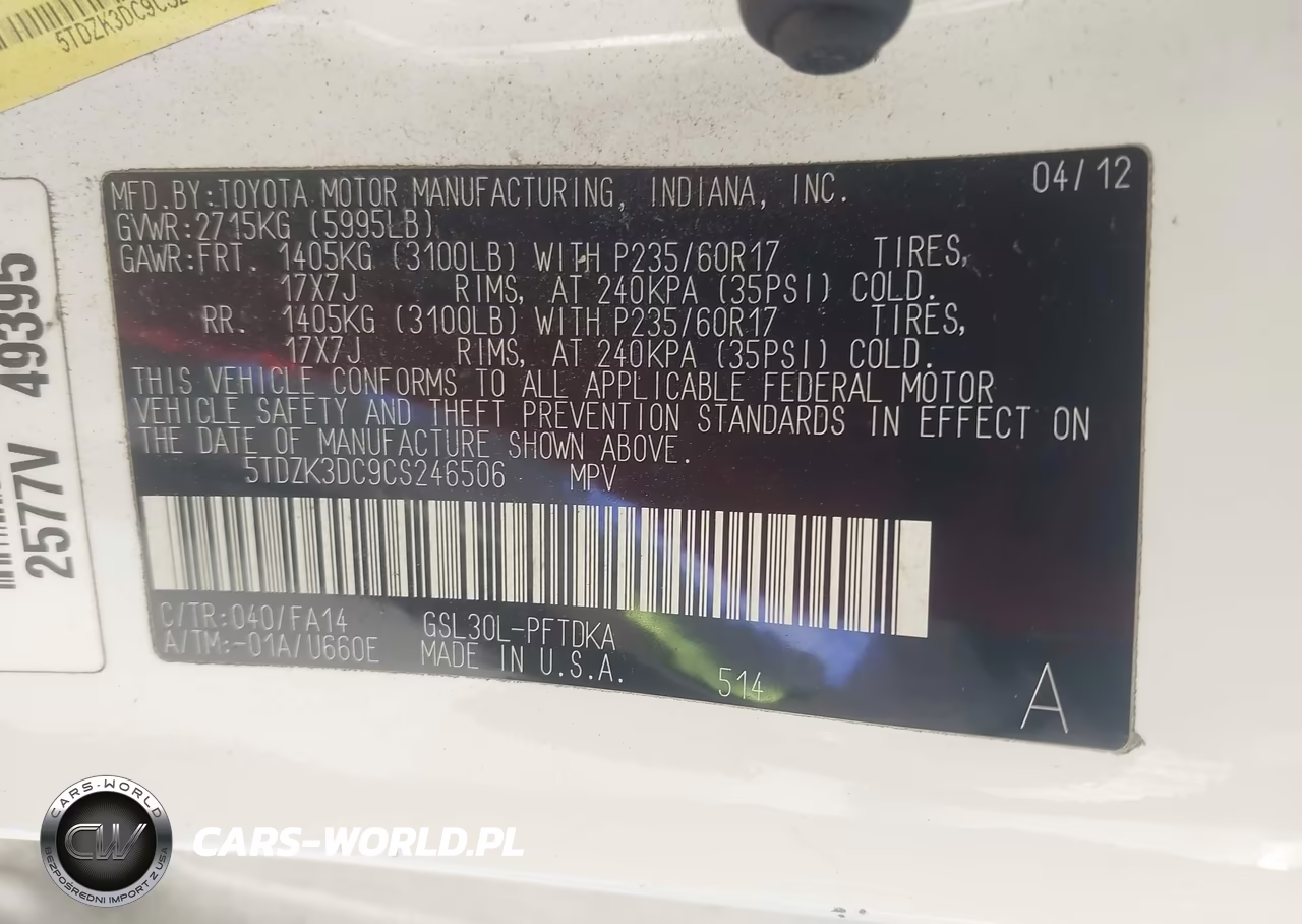 2012 Toyota Sienna Base V6 7 Passenger VIN:5TDZK3DC9CS246506 - 9