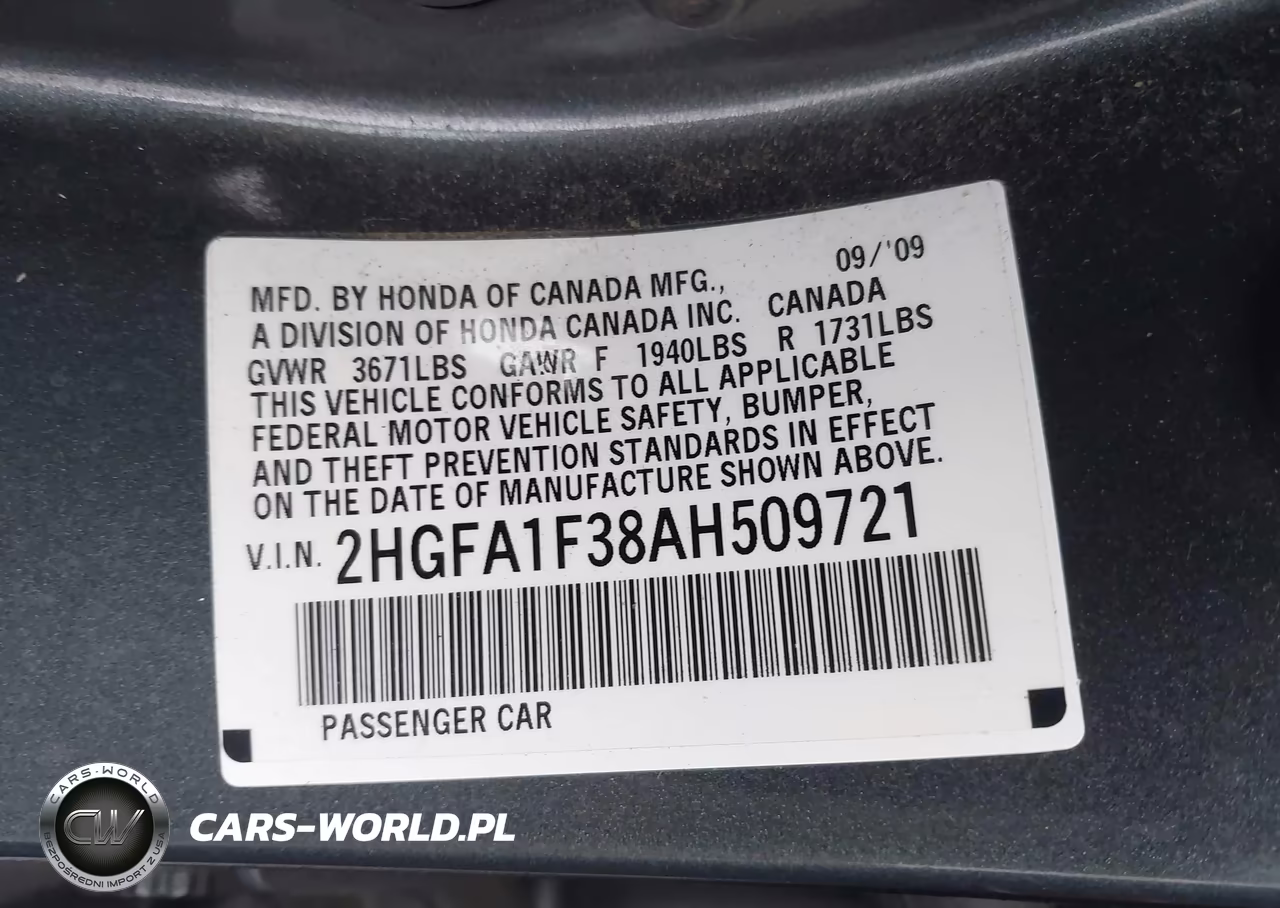2010 Honda Civic Vp VIN:2HGFA1F38AH509721 - 9