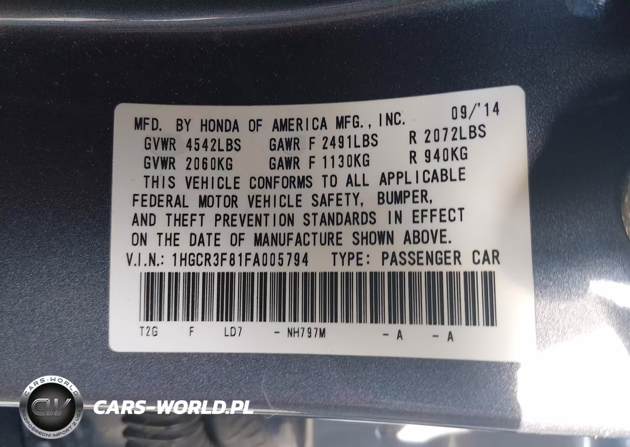 2015 Honda Accord Ex-L V-6 VIN:1HGCR3F81FA005794 - 9