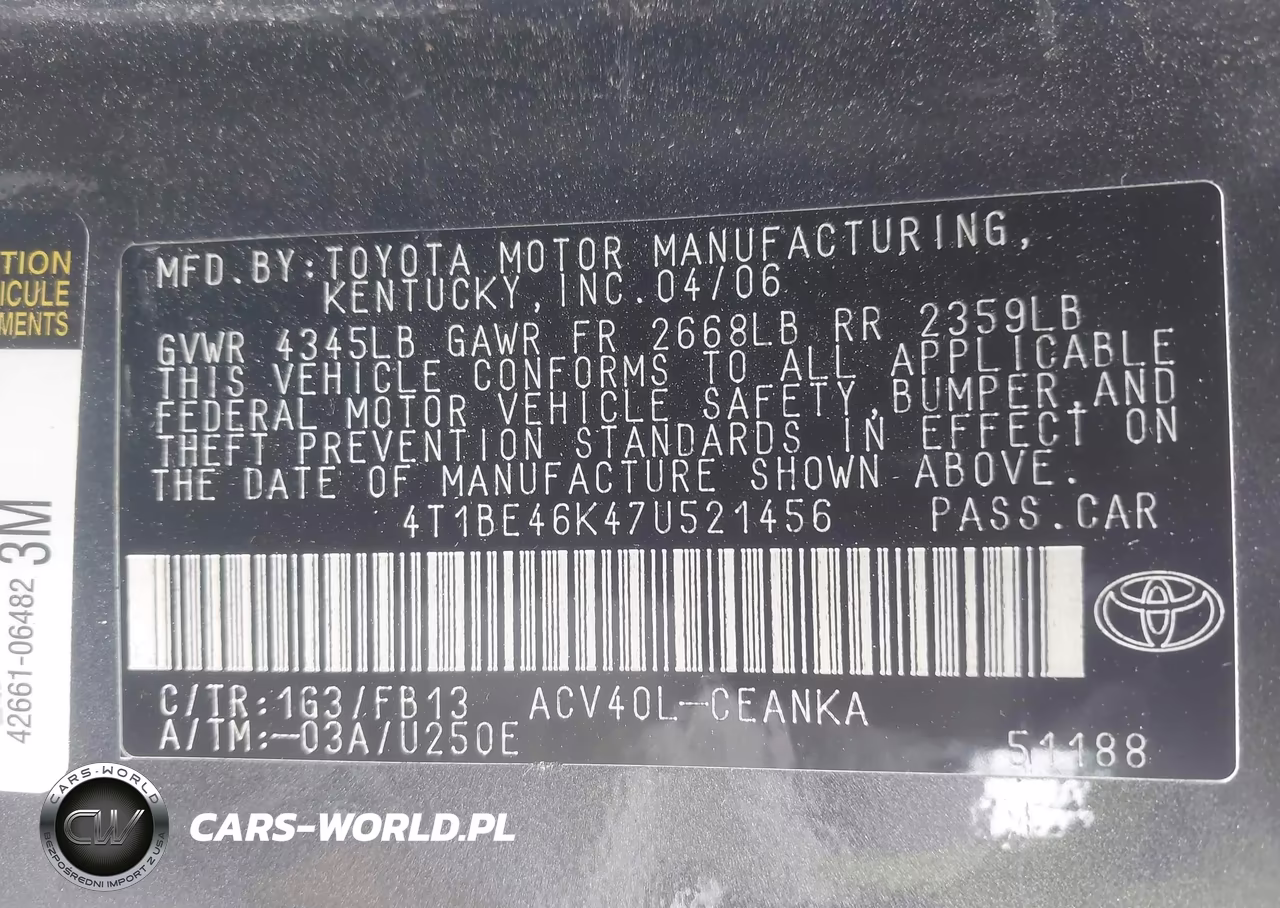 2007 Toyota Camry Le VIN:4T1BE46K47U521456 - 9