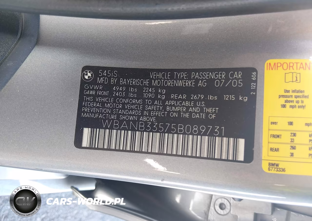 2005 BMW 545I VIN:WBANB33575B089731 - 9