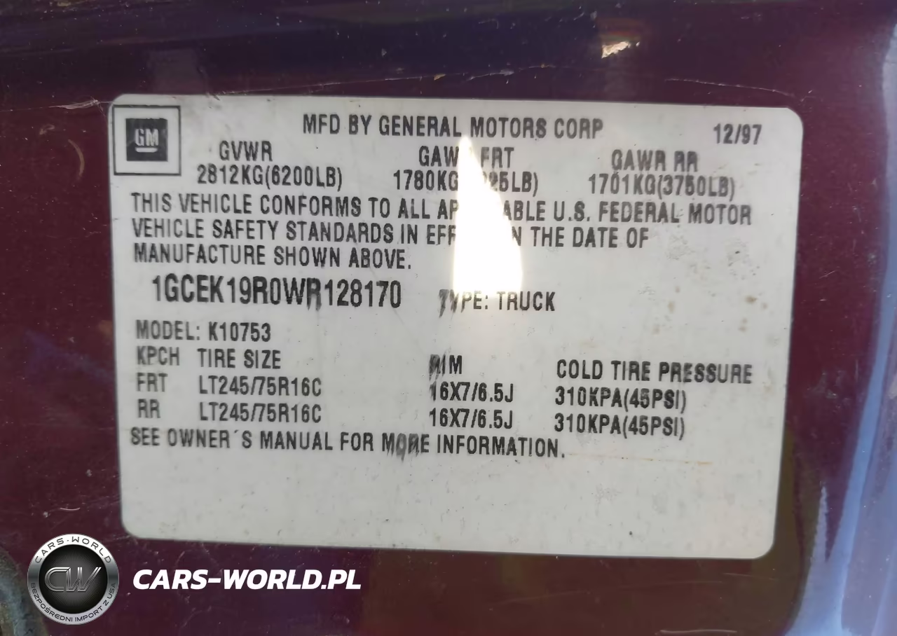 1998 Chevrolet K1500 Fleetside VIN:1GCEK19R0WR128170 - 9