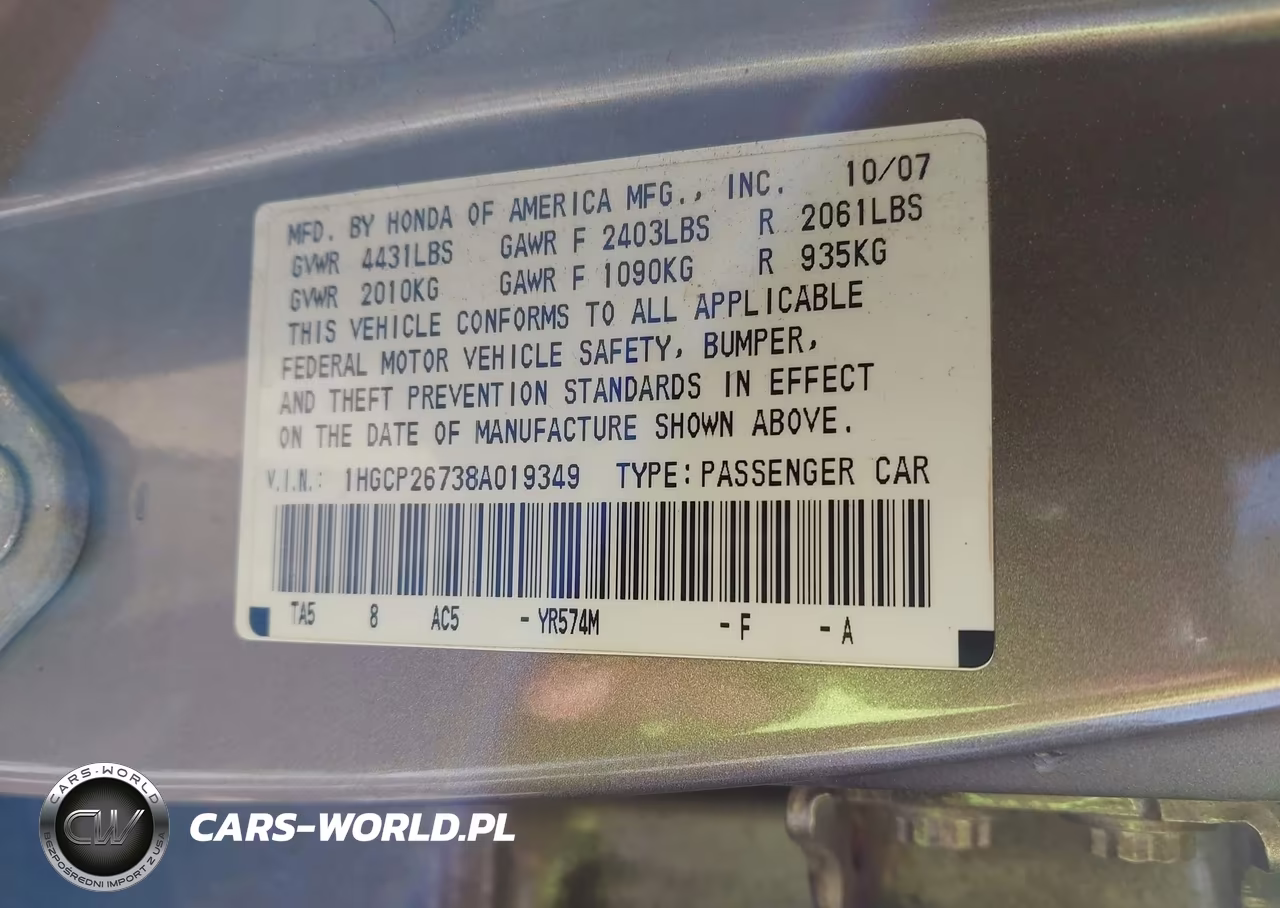2008 Honda Accord 2.4 Ex VIN:1HGCP26738A019349 - 9