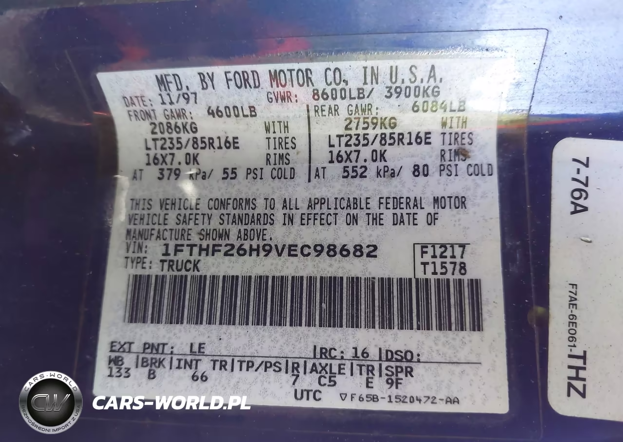 1997 Ford F-250 Xl VIN:1FTHF26H9VEC98682 - 9