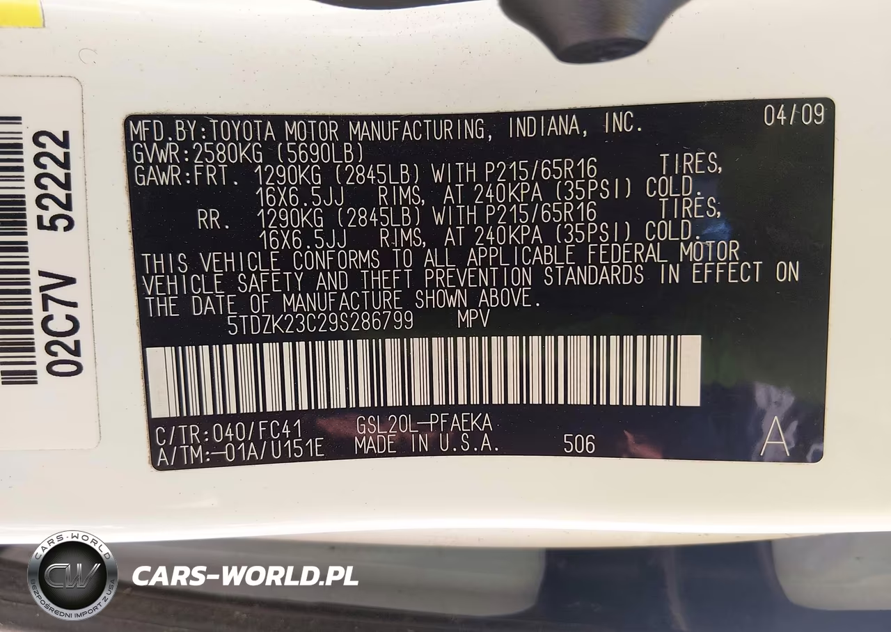 2009 Toyota Sienna Le VIN:5TDZK23C29S286799 - 9