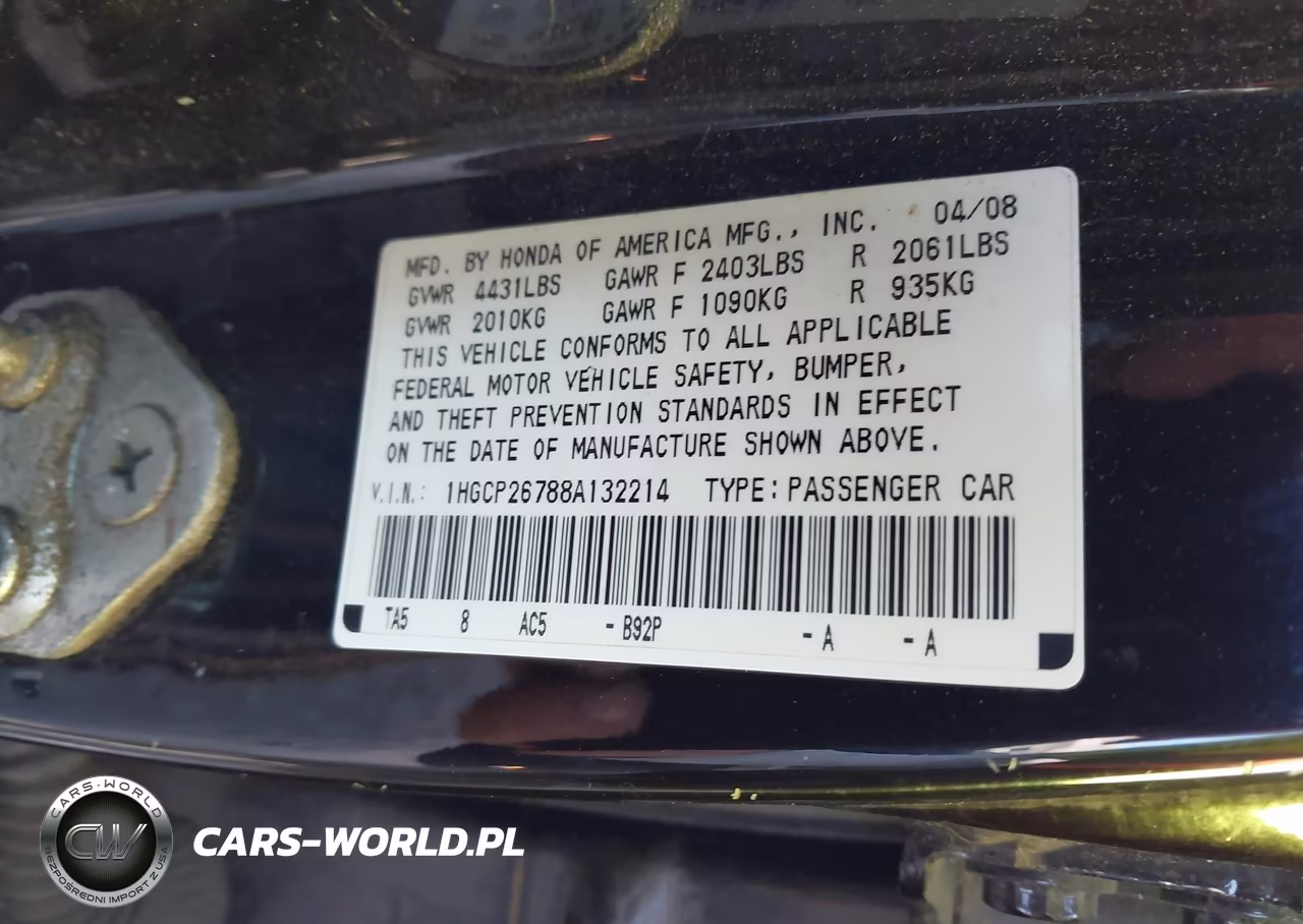 2008 Honda Accord 2.4 Ex VIN:1HGCP26788A132214 - 9