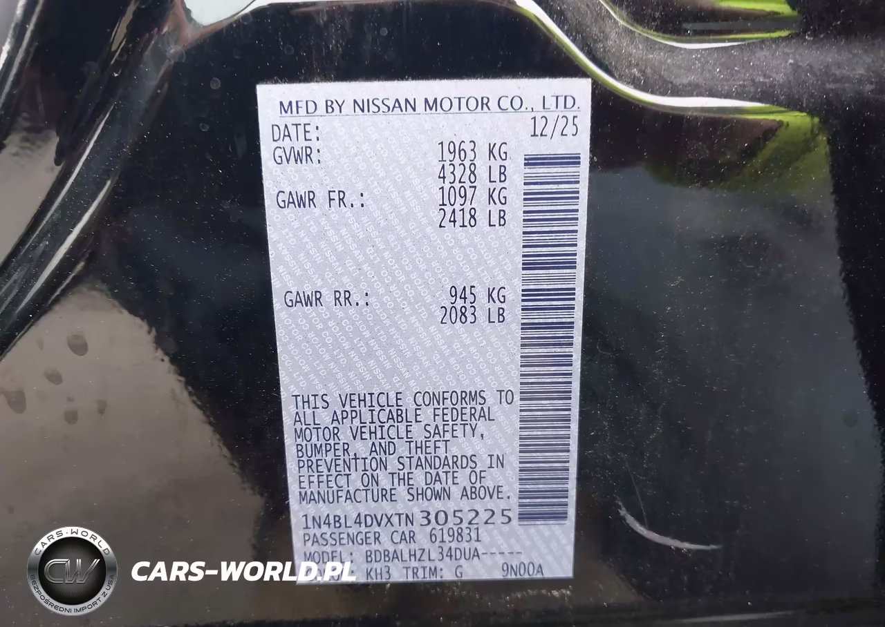 2026 Nissan Altima Sv Fwd VIN:1N4BL4DVXTN305225 - 9