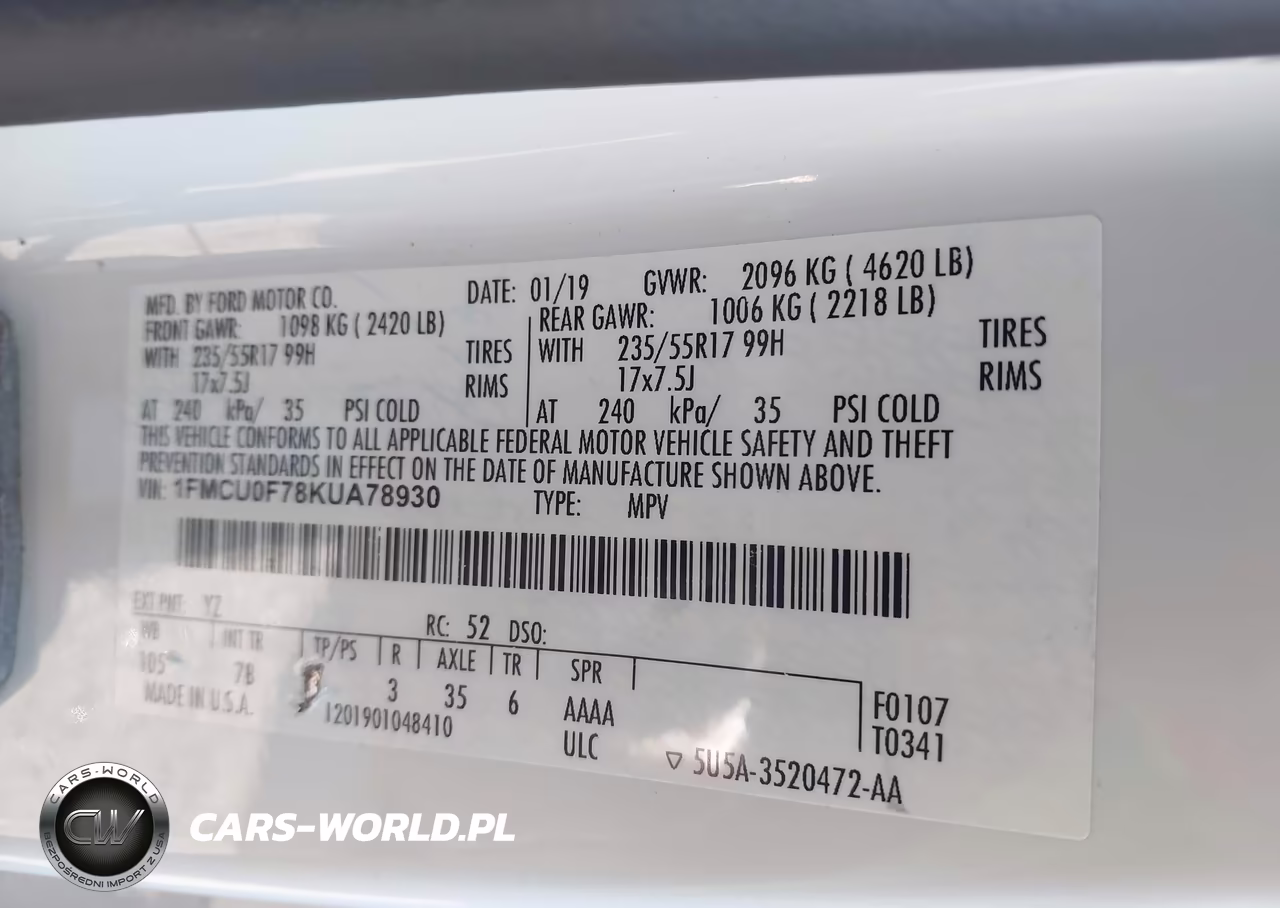 2019 Ford Escape S VIN:1FMCU0F78KUA78930 - 9