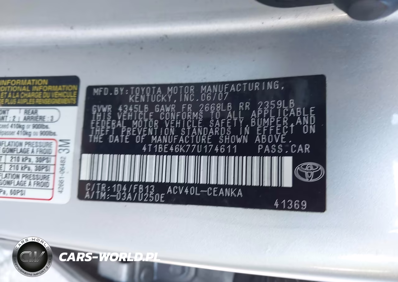 2007 Toyota Camry Le VIN:4T1BE46K77U174611 - 9