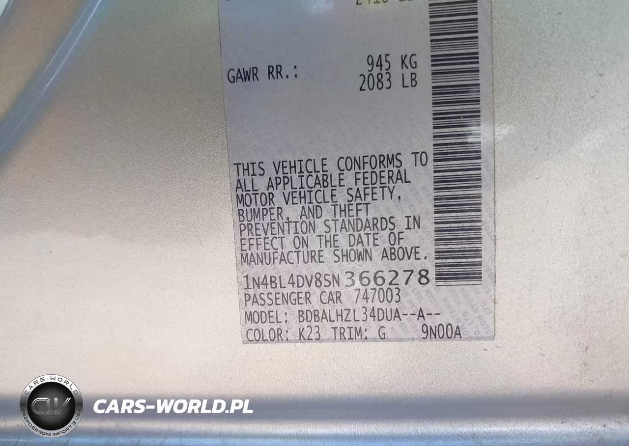 2025 Nissan Altima Sv Fwd VIN:1N4BL4DV8SN366278 - 9