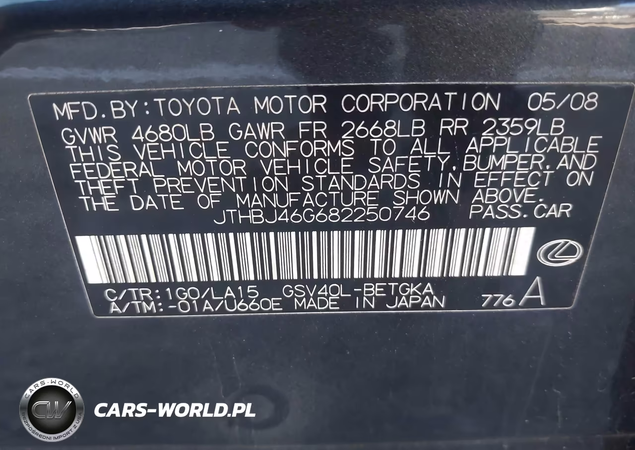 2008 Lexus Es 350 VIN:JTHBJ46G682250746 - 9