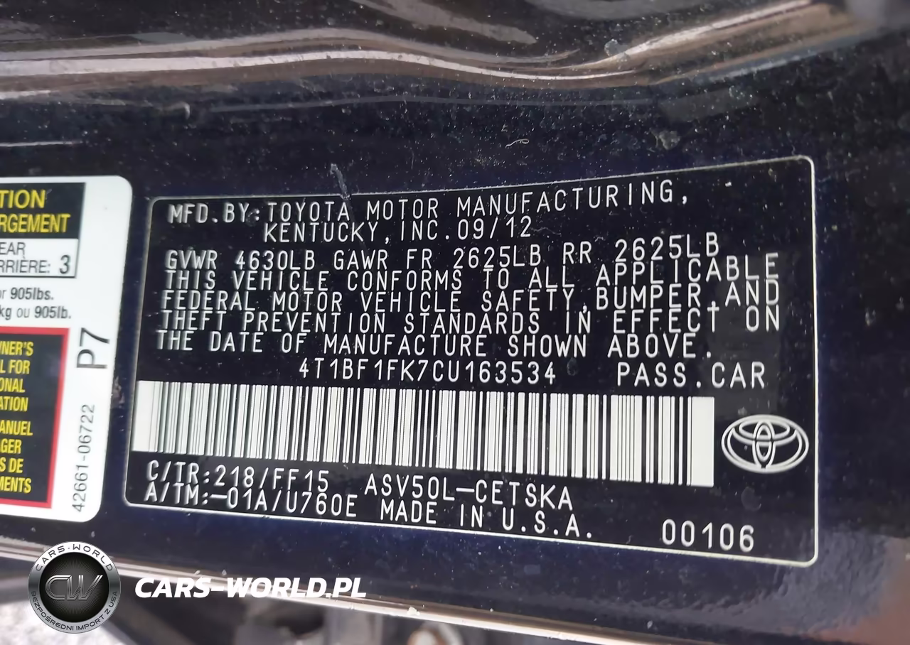 2012 Toyota Camry VIN:4T1BF1FK7CU163534 - 9