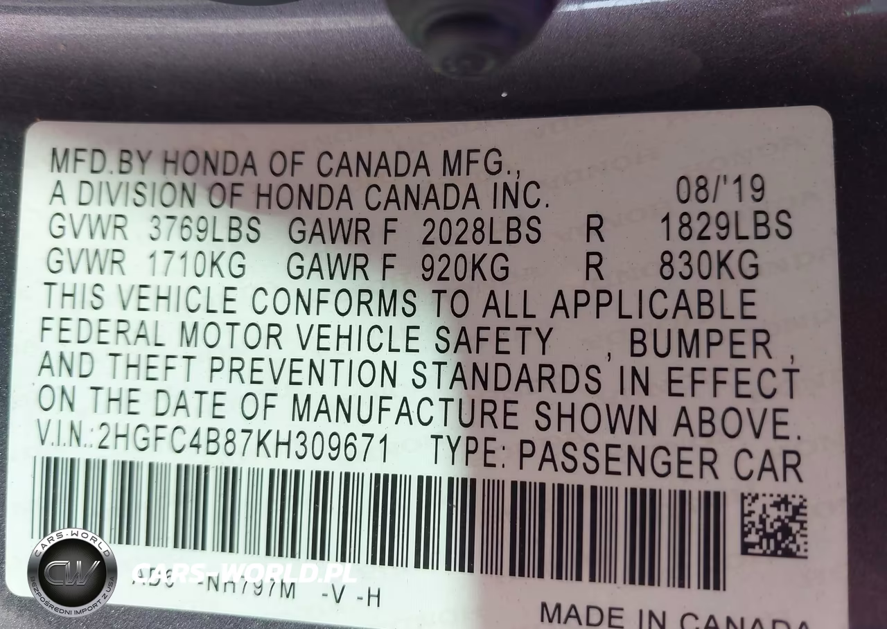 2019 Honda Civic Sport VIN:2HGFC4B87KH309671 - 9