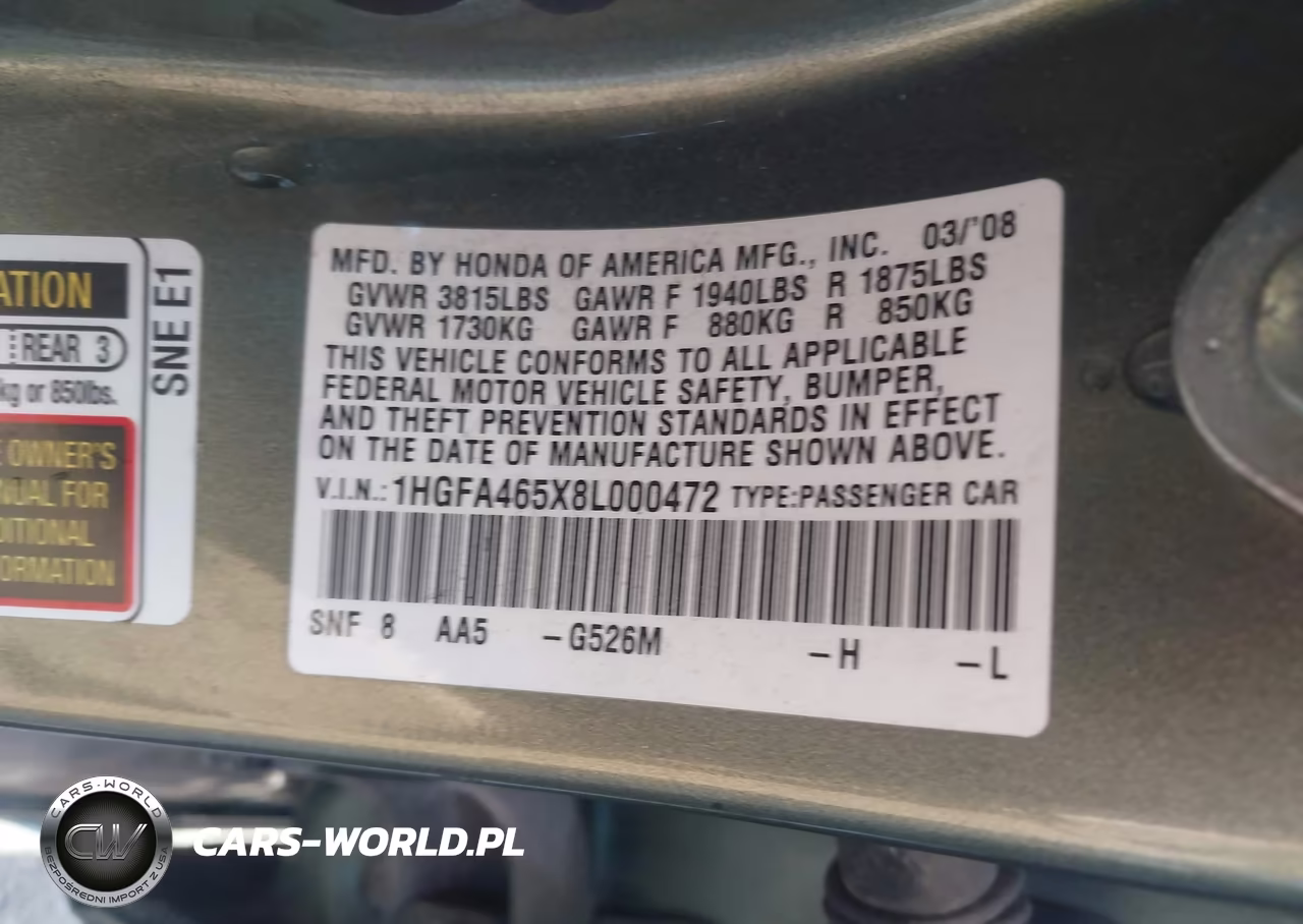 2008 Honda Civic Gx VIN:1HGFA465X8L000472 - 9
