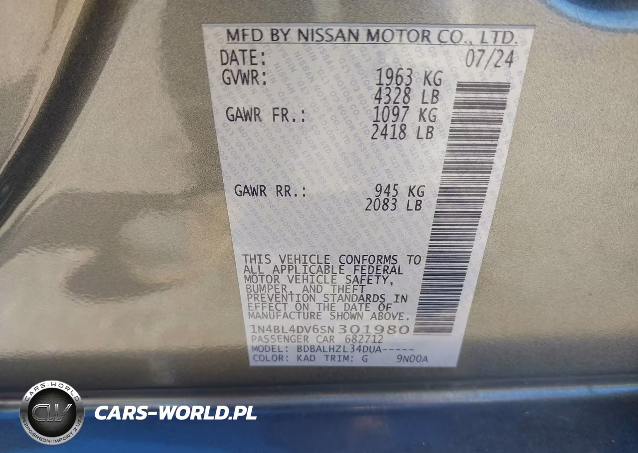 2025 Nissan Altima Sv VIN:1N4BL4DV6SN301980 - 9