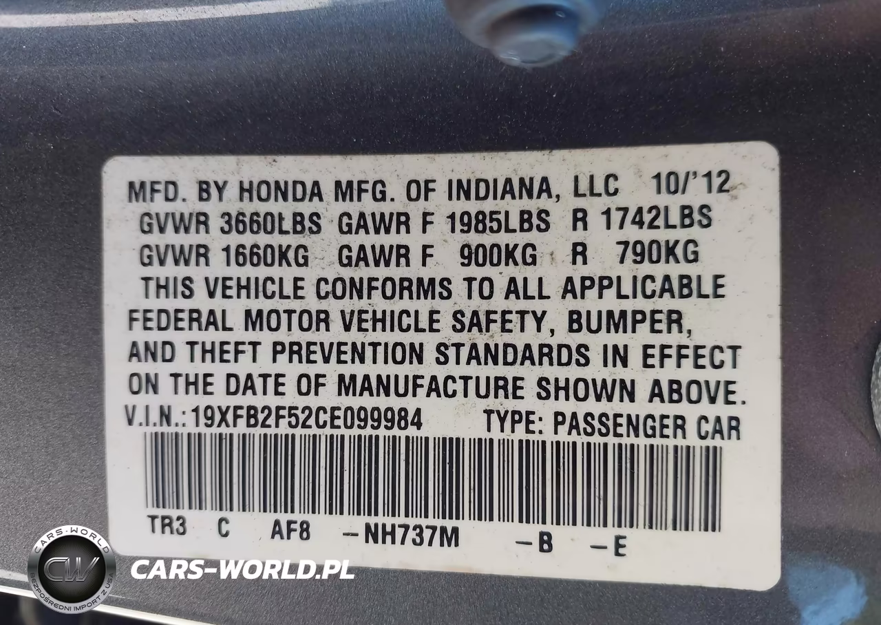 2012 Honda Civic Lx VIN:19XFB2F52CE099984 - 9