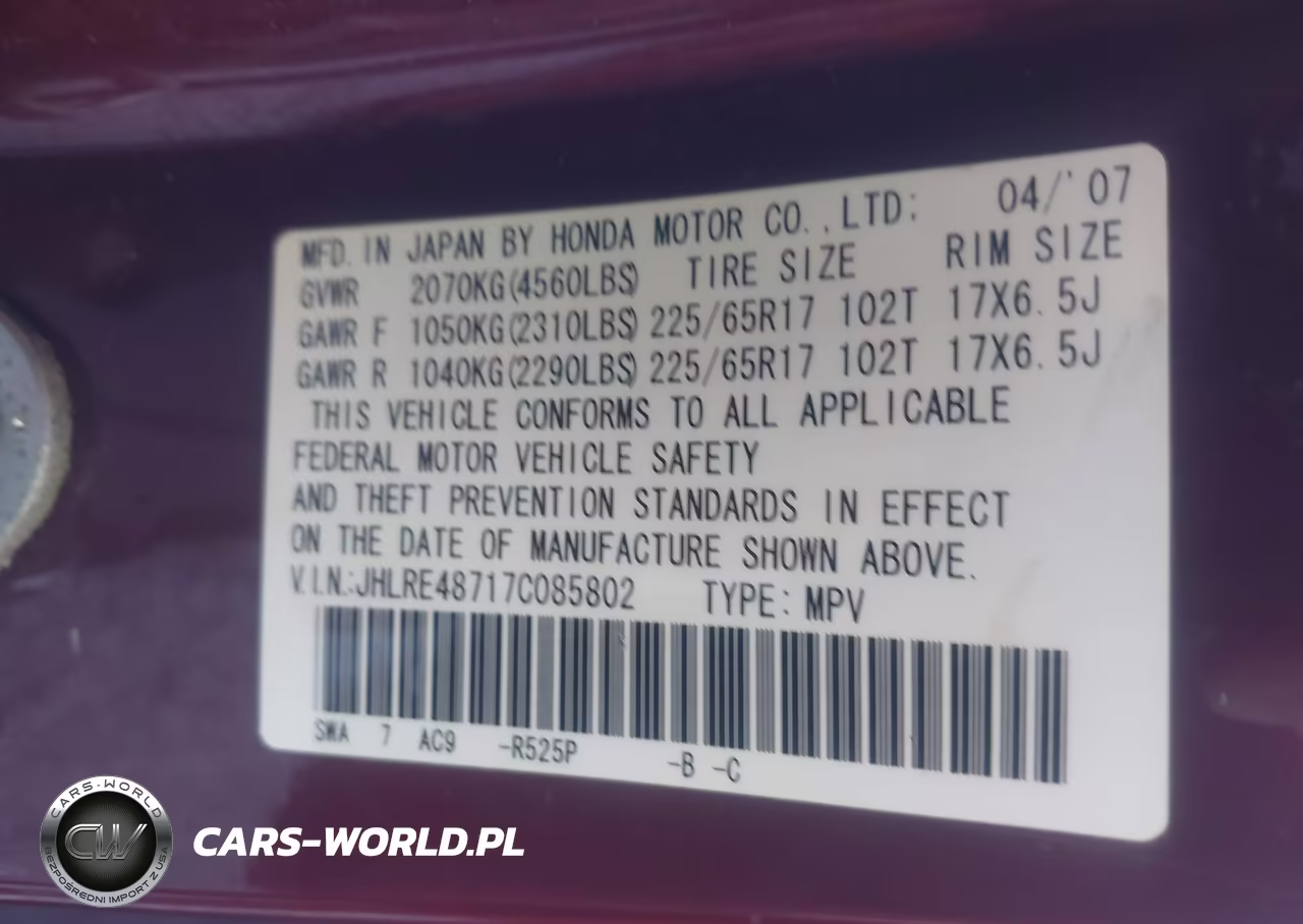 2007 Honda Cr-V Ex-L VIN:JHLRE48717C085802 - 9
