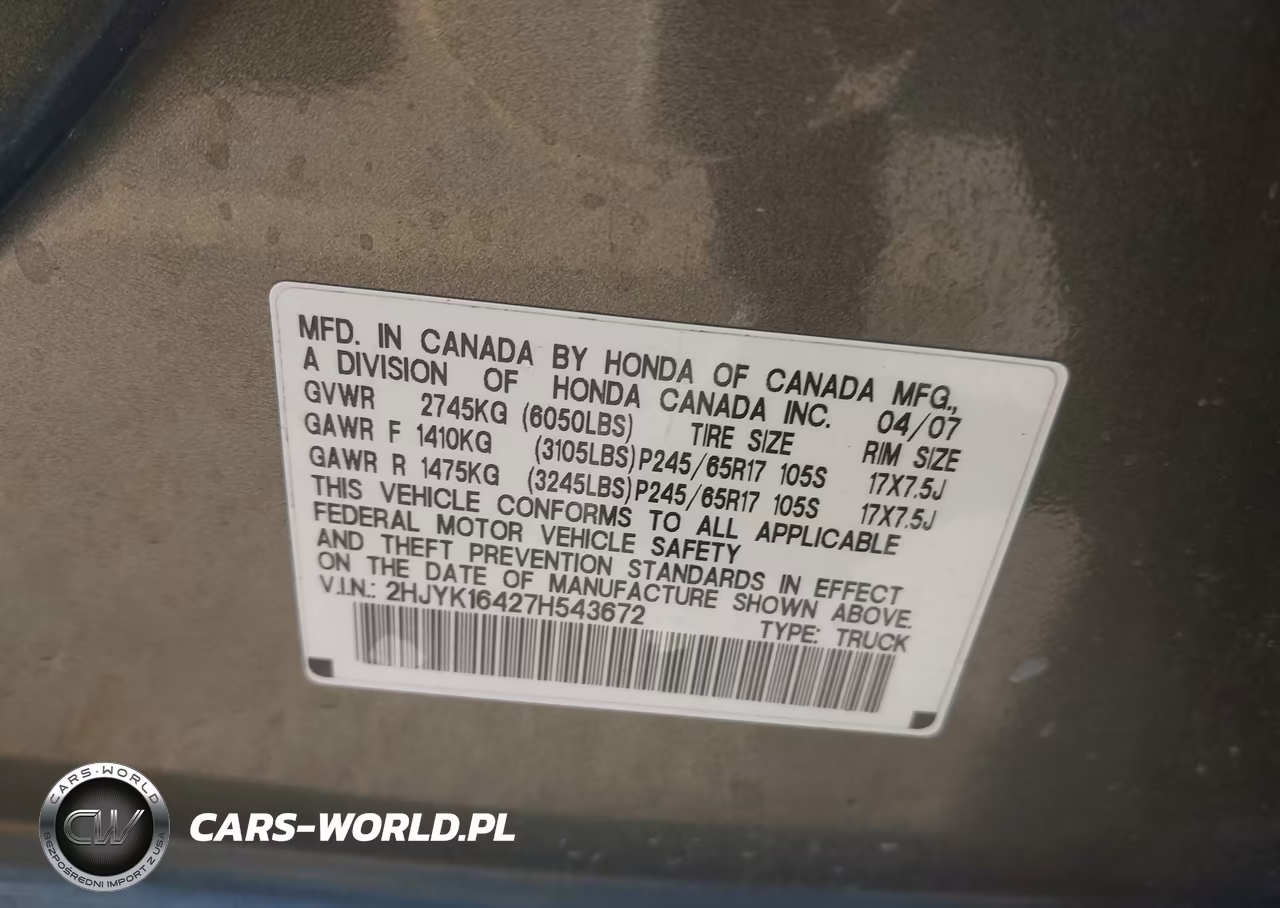 2007 Honda Ridgeline Rts VIN:2HJYK16427H543672 - 9