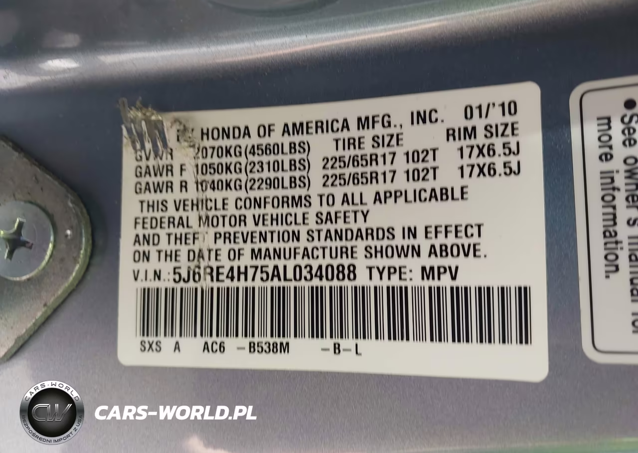 2010 Honda Cr-V Ex-L VIN:5J6RE4H75AL034088 - 9