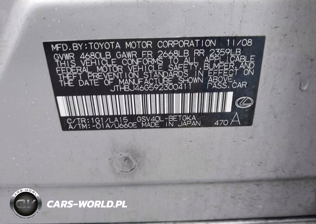 2009 Lexus Es 350 VIN:JTHBJ46G592300411 - 9