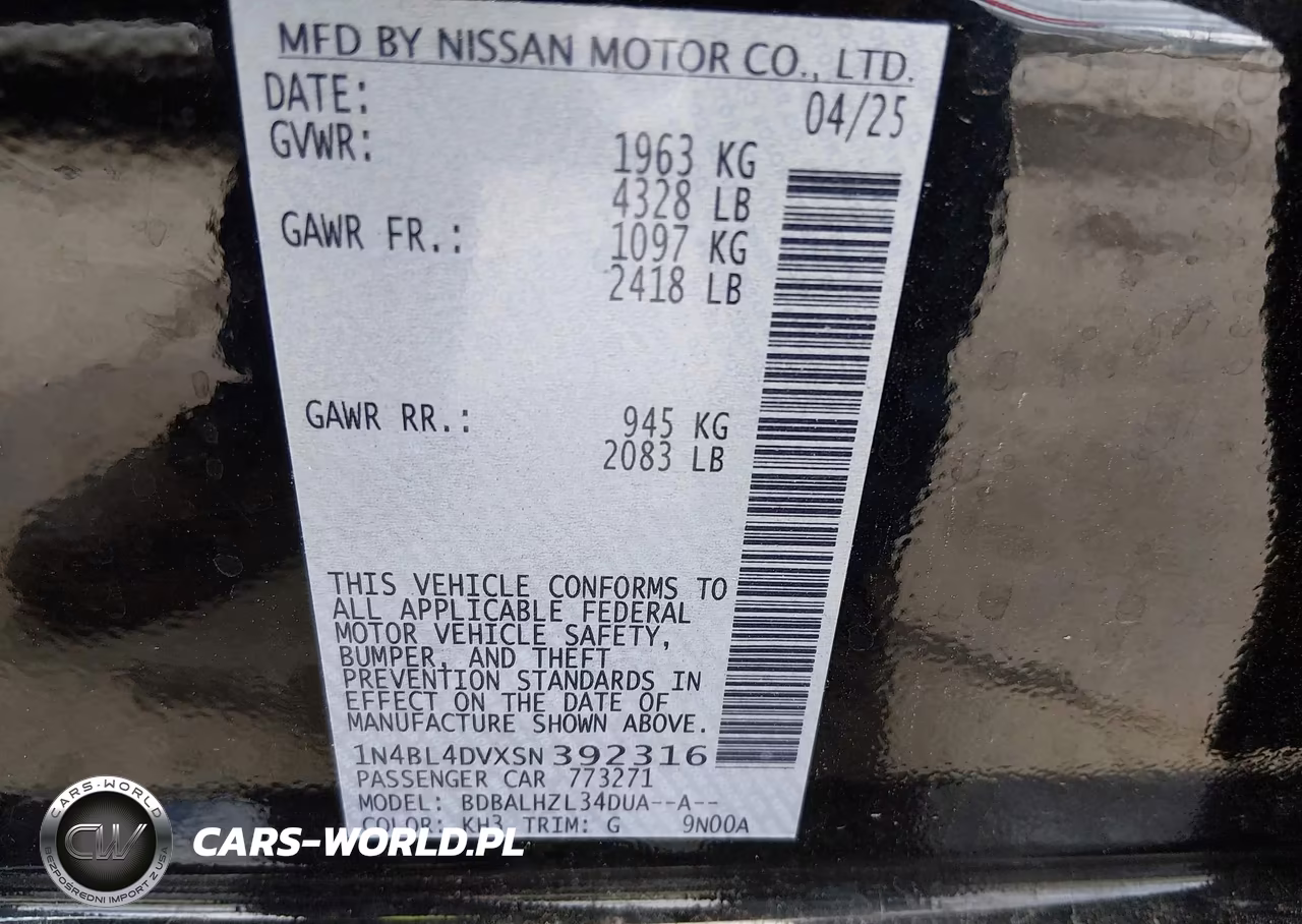 2025 Nissan Altima Sv VIN:1N4BL4DVXSN392316 - 9