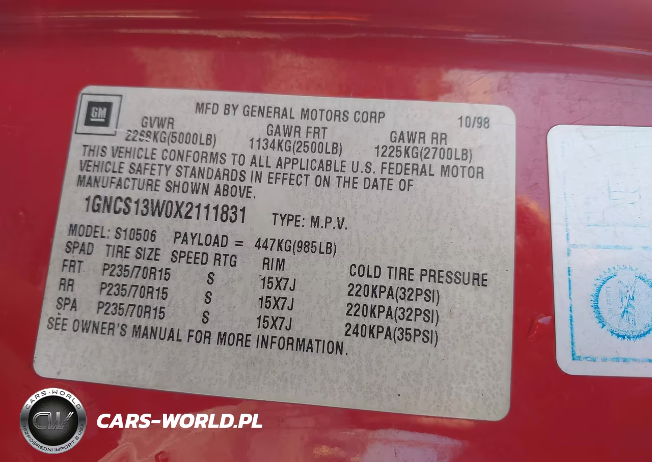 1999 Chevrolet Blazer VIN:1GNCS13W0X2111831 - 9