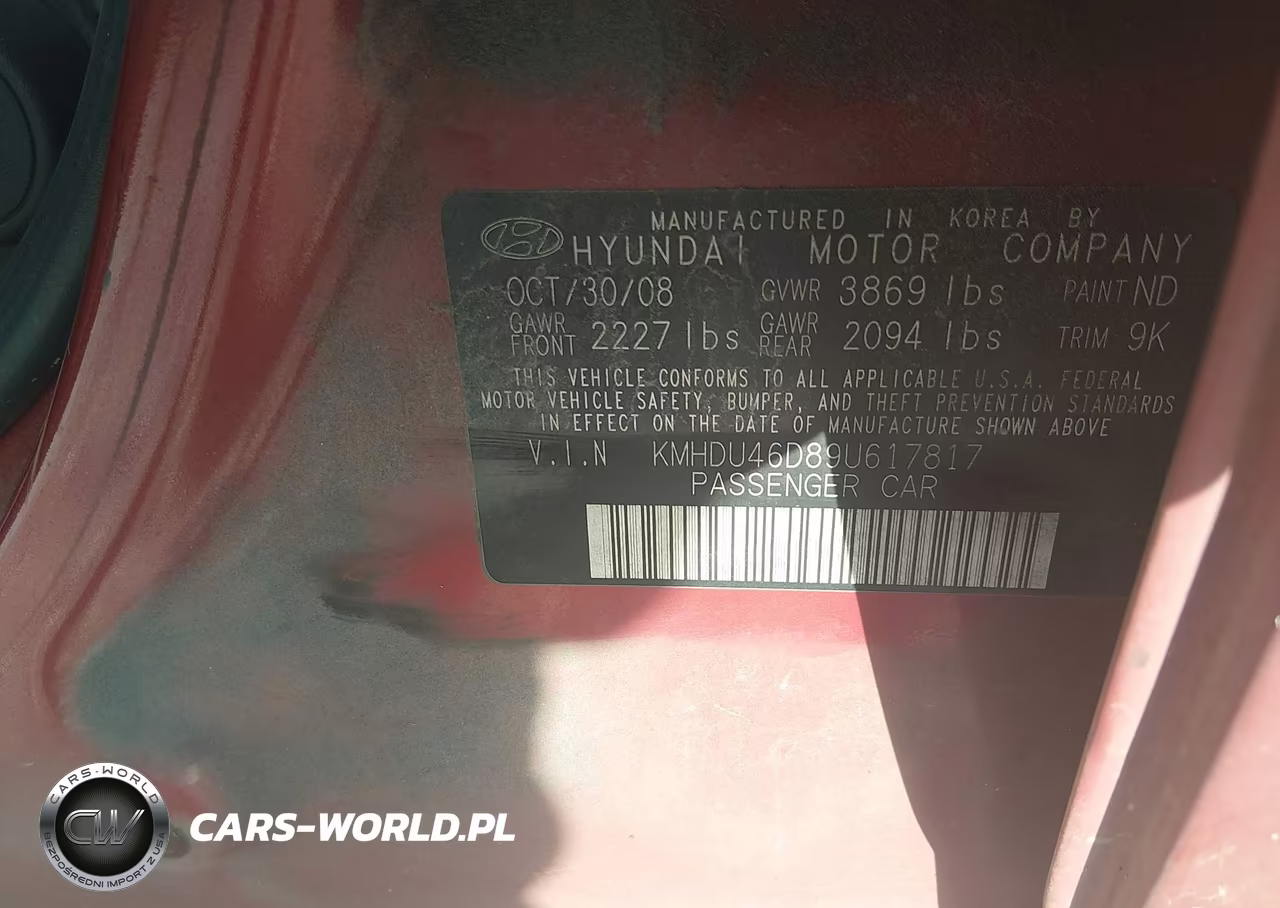 2009 Hyundai Elantra Gls VIN:KMHDU46D89U617817 - 9
