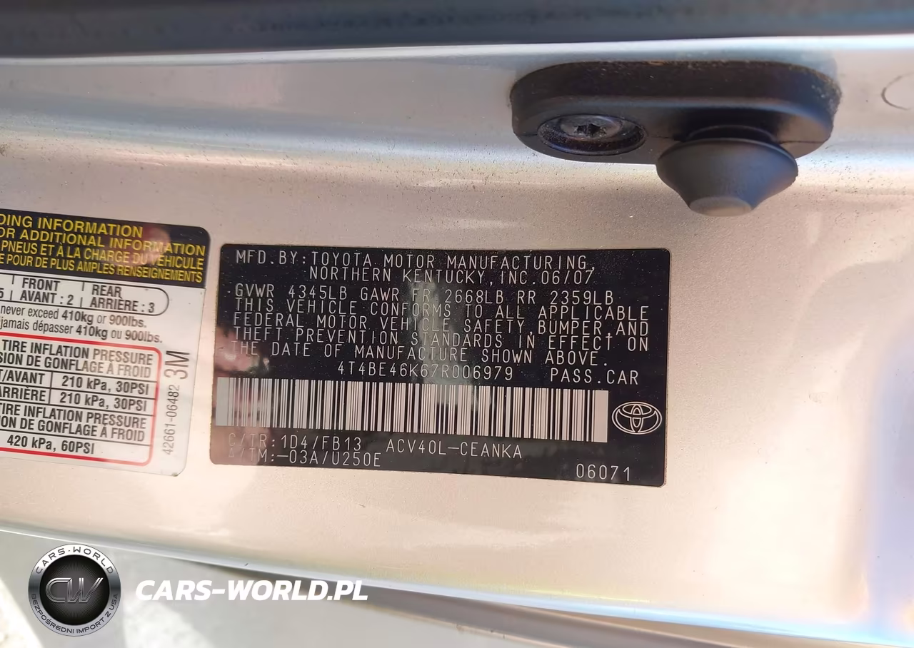 2007 Toyota Camry Le VIN:4T4BE46K67R006979 - 9