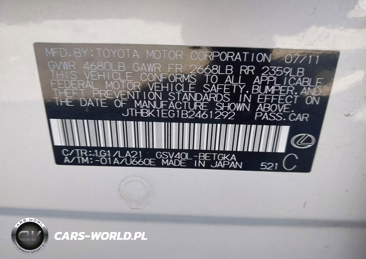 2011 Lexus Es 350 VIN:JTHBK1EG1B2461292 - 9