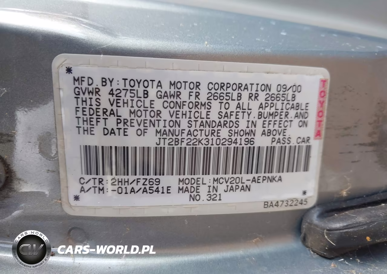 2001 Toyota Camry Le V6-Xle V6 VIN:JT2BF22K310294196 - 9