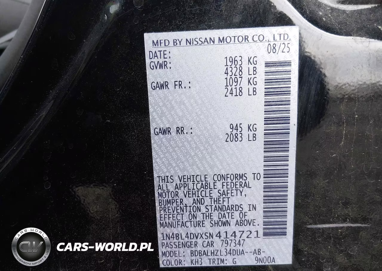 2025 Nissan Altima Sv Fwd VIN:1N4BL4DVXSN414721 - 9
