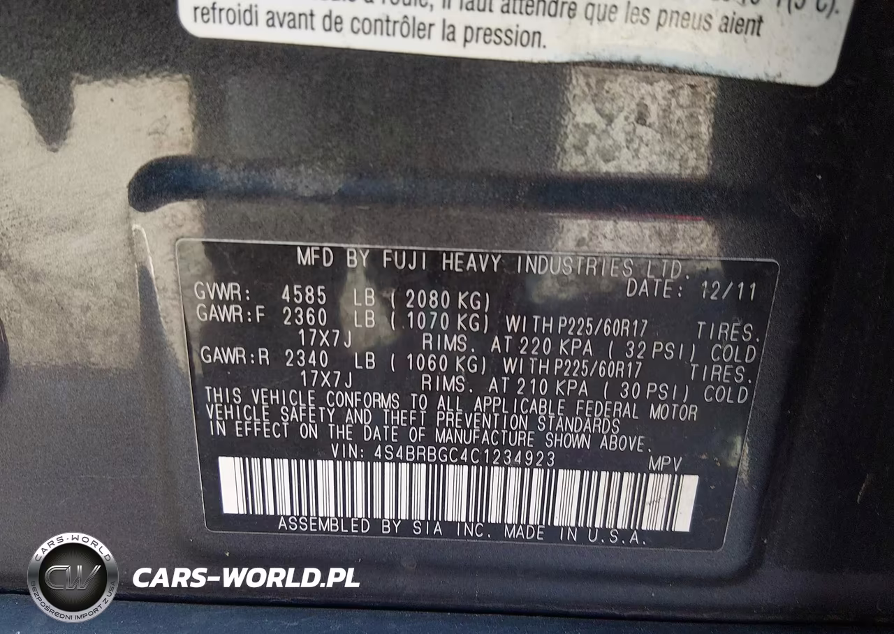 2012 Subaru Outback 2.5I Premium VIN:4S4BRBGC4C1234923 - 9