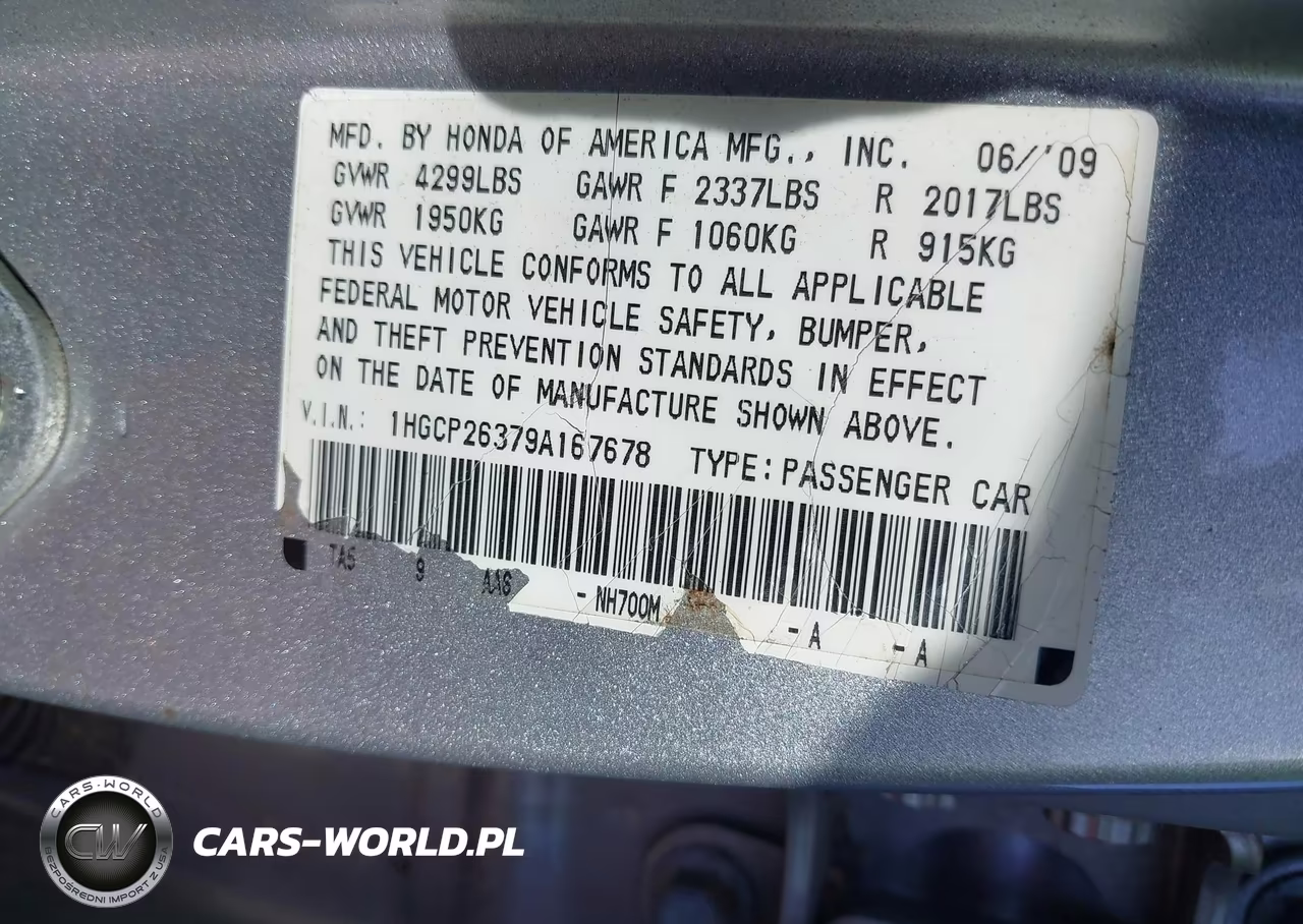 2009 Honda Accord 2.4 Lx VIN:1HGCP26379A167678 - 9