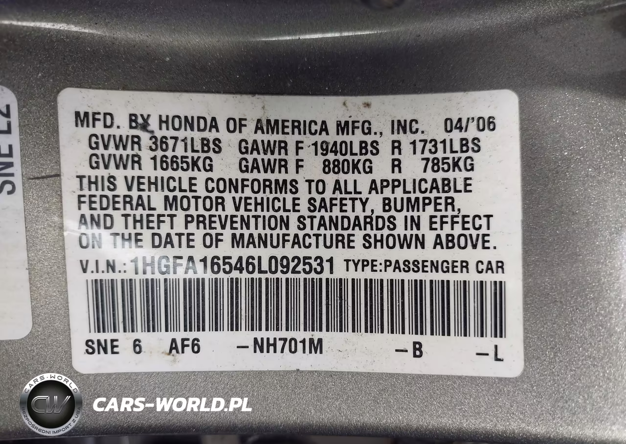 2006 Honda Civic Lx VIN:1HGFA16546L092531 - 9