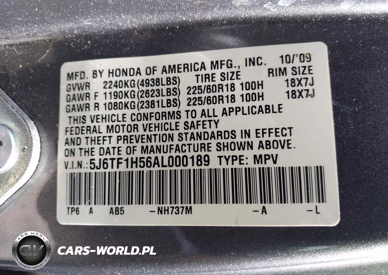 2010 Honda Accord Crosstour Ex-L VIN:5J6TF1H56AL000189 - 9