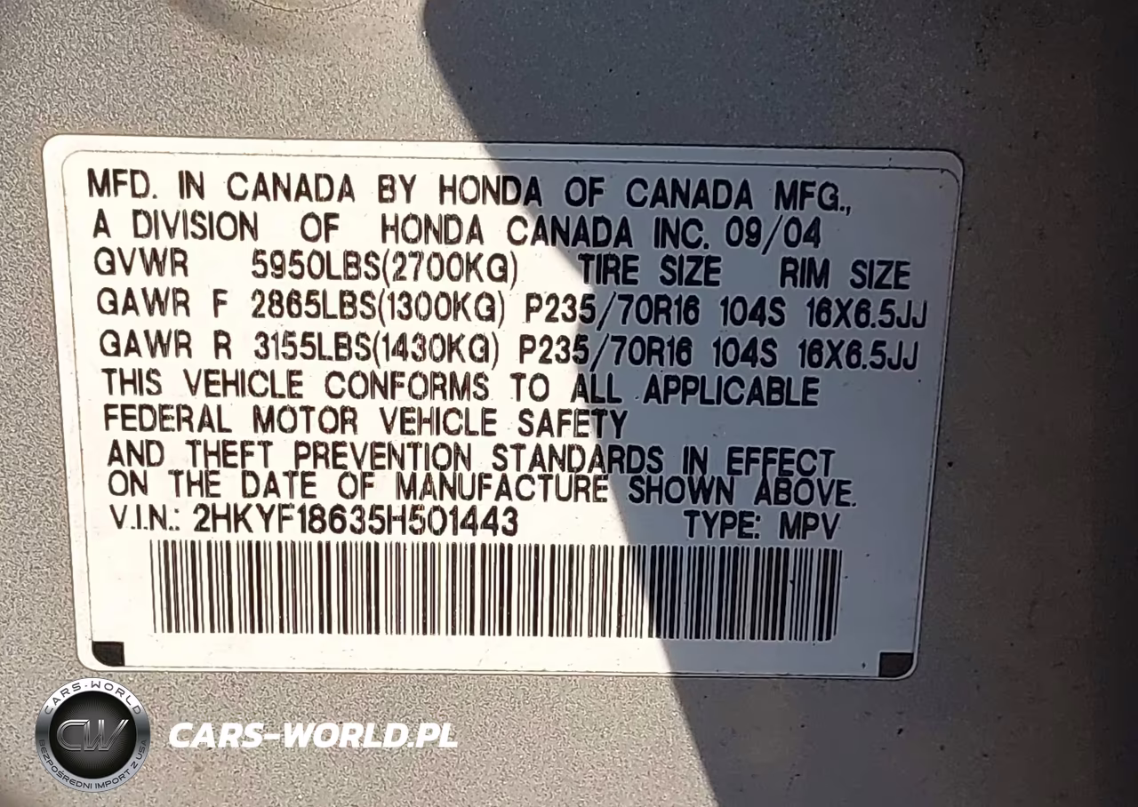 2005 Honda Pilot Ex-L VIN:2HKYF18635H501443 - 9