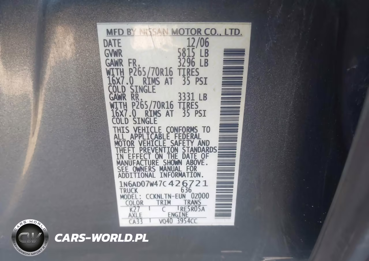 2007 Nissan Frontier Se VIN:1N6AD07W47C426721 - 9