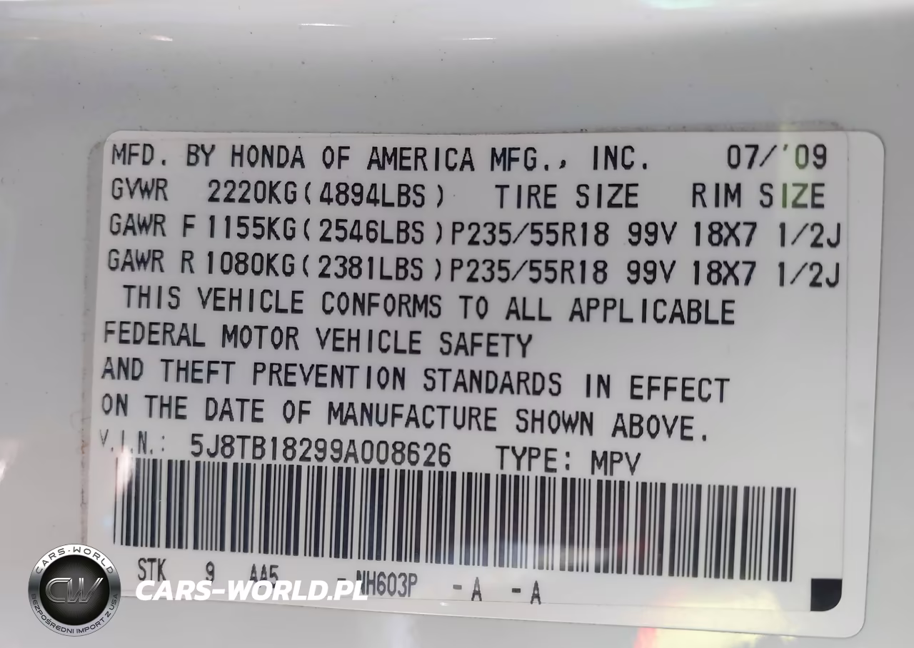2009 Acura Rdx VIN:5J8TB18299A008626 - 9