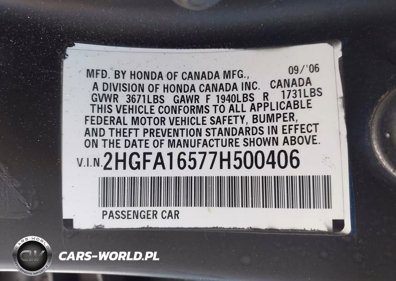 2007 Honda Civic Lx VIN:2HGFA16577H500406 - 9