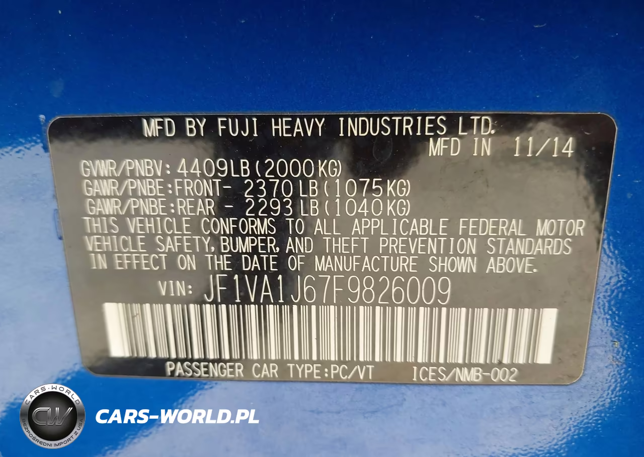 2015 Subaru Wrx Limited VIN:JF1VA1J67F9826009 - 9