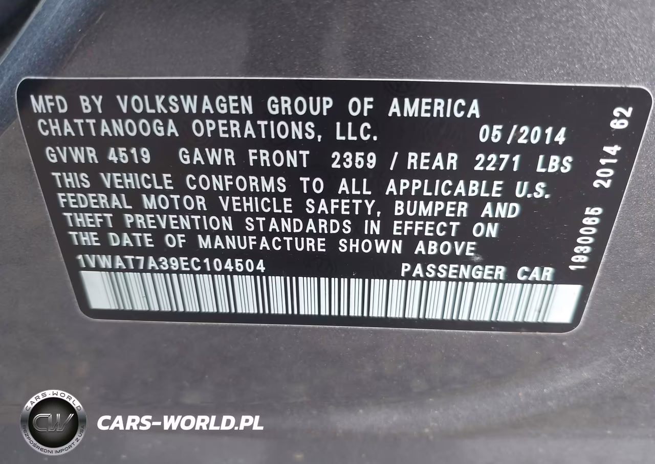 2014 Volkswagen Passat 1.8T Wolfsburg Edition VIN:1VWAT7A39EC104504 - 9
