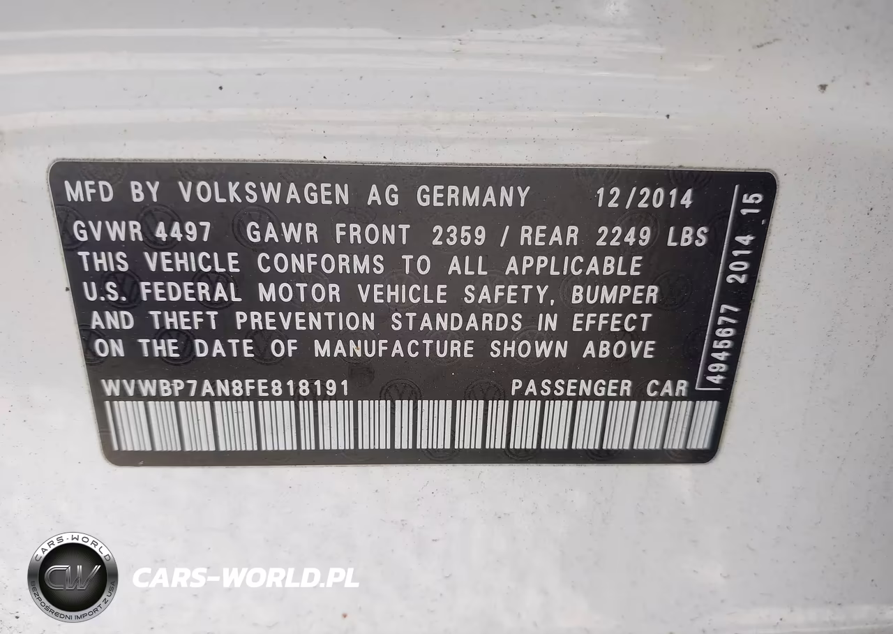 2015 Volkswagen Cc 2.0T R-Line VIN:WVWBP7AN8FE818191 - 9