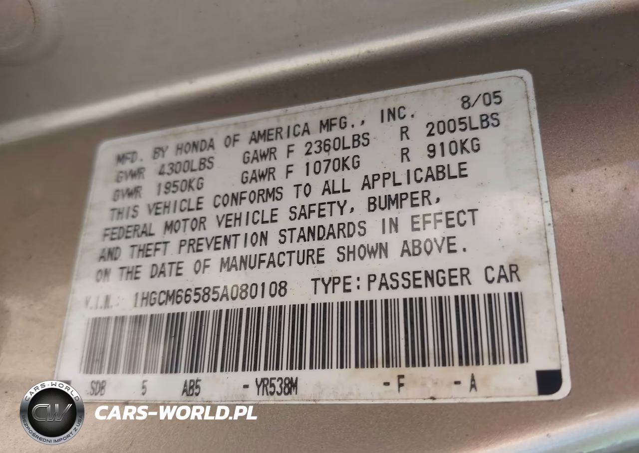 2005 Honda Accord 3.0 Ex VIN:1HGCM66585A080108 - 9