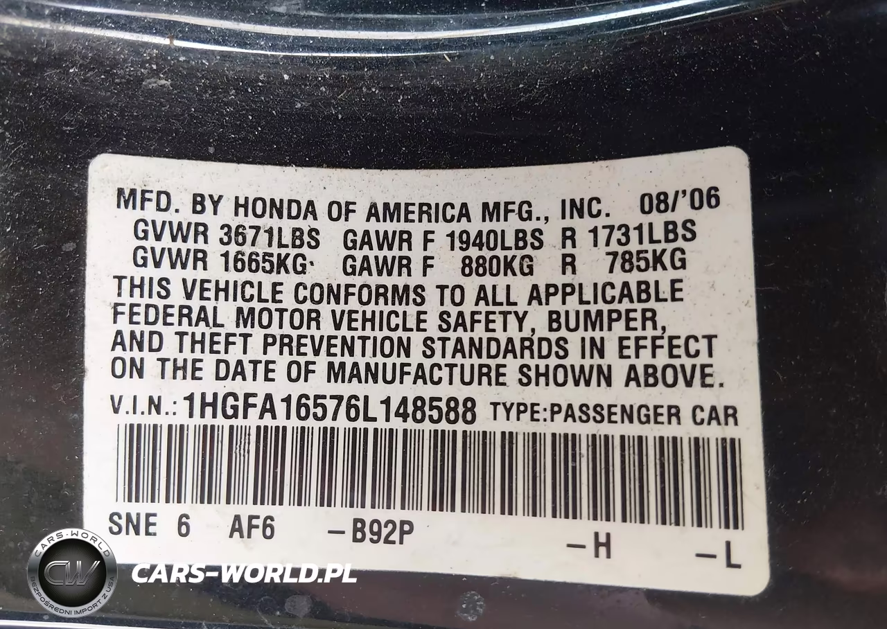 2006 Honda Civic Lx VIN:1HGFA16576L148588 - 9