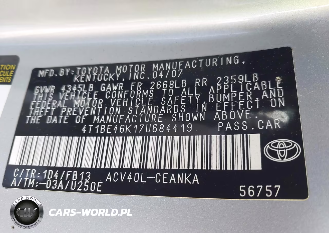 2007 Toyota Camry Le VIN:4T1BE46K17U684419 - 9