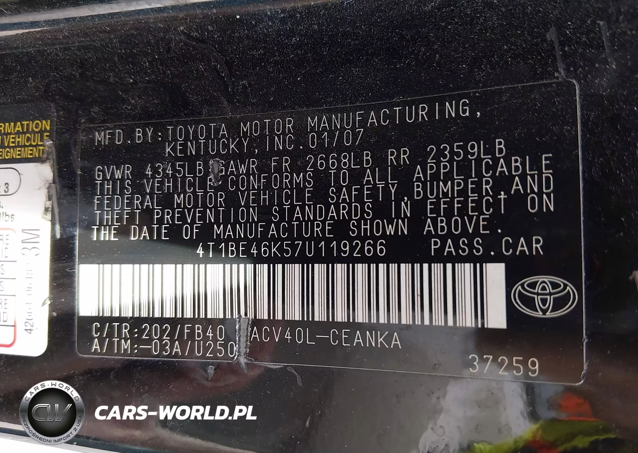 2007 Toyota Camry Le VIN:4T1BE46K57U119266 - 9