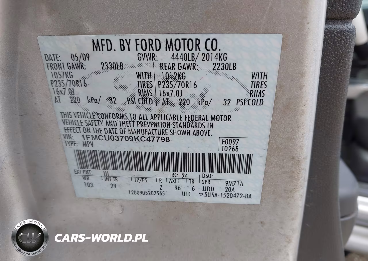 2009 Ford Escape Xlt VIN:1FMCU03709KC47798 - 9