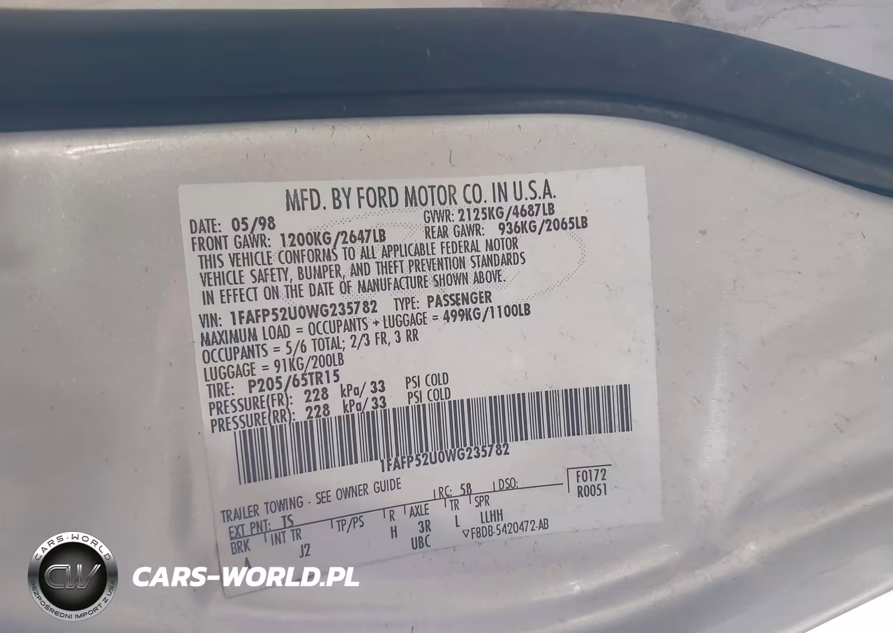 1998 Ford Taurus Lx-Se VIN:1FAFP52U0WG235782 - 9